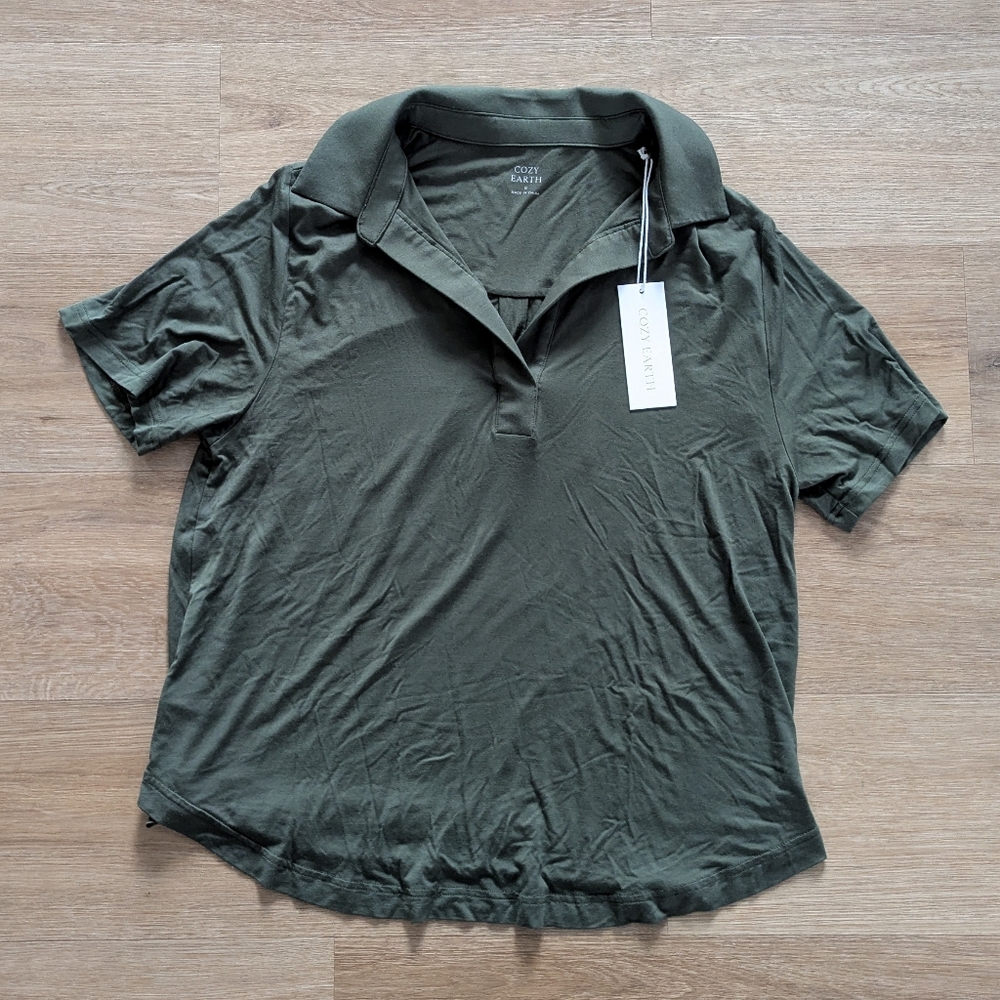 NWT Cozy Earth Women's Bamboo Stretch Knit Short Sleeve Polo Olive Green Shirt S